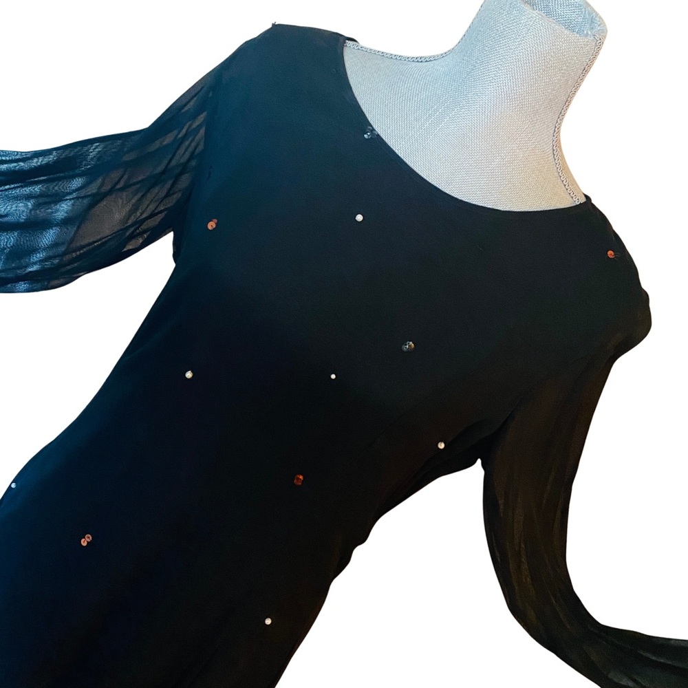 Black Sheer Fitted Feminine Goddess Dress with Sequin & Pearl Accents